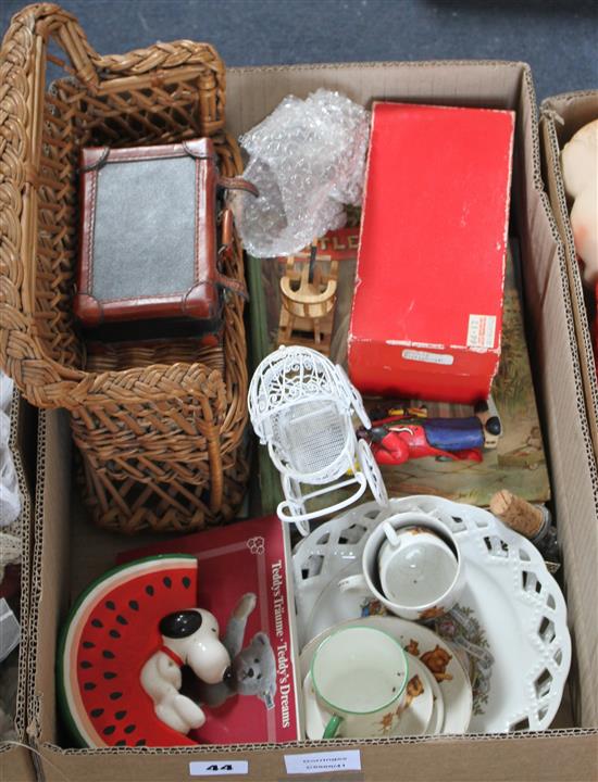 A box of items including Victorian books, a wicker reddy sofa and a Snoop watermelon money box c.1960s